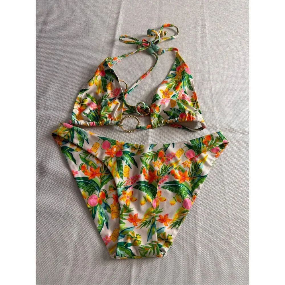 KuLani Kinis White Floral Golden Hour 2 Piece Bikini Size Medium Top XS Bottoms